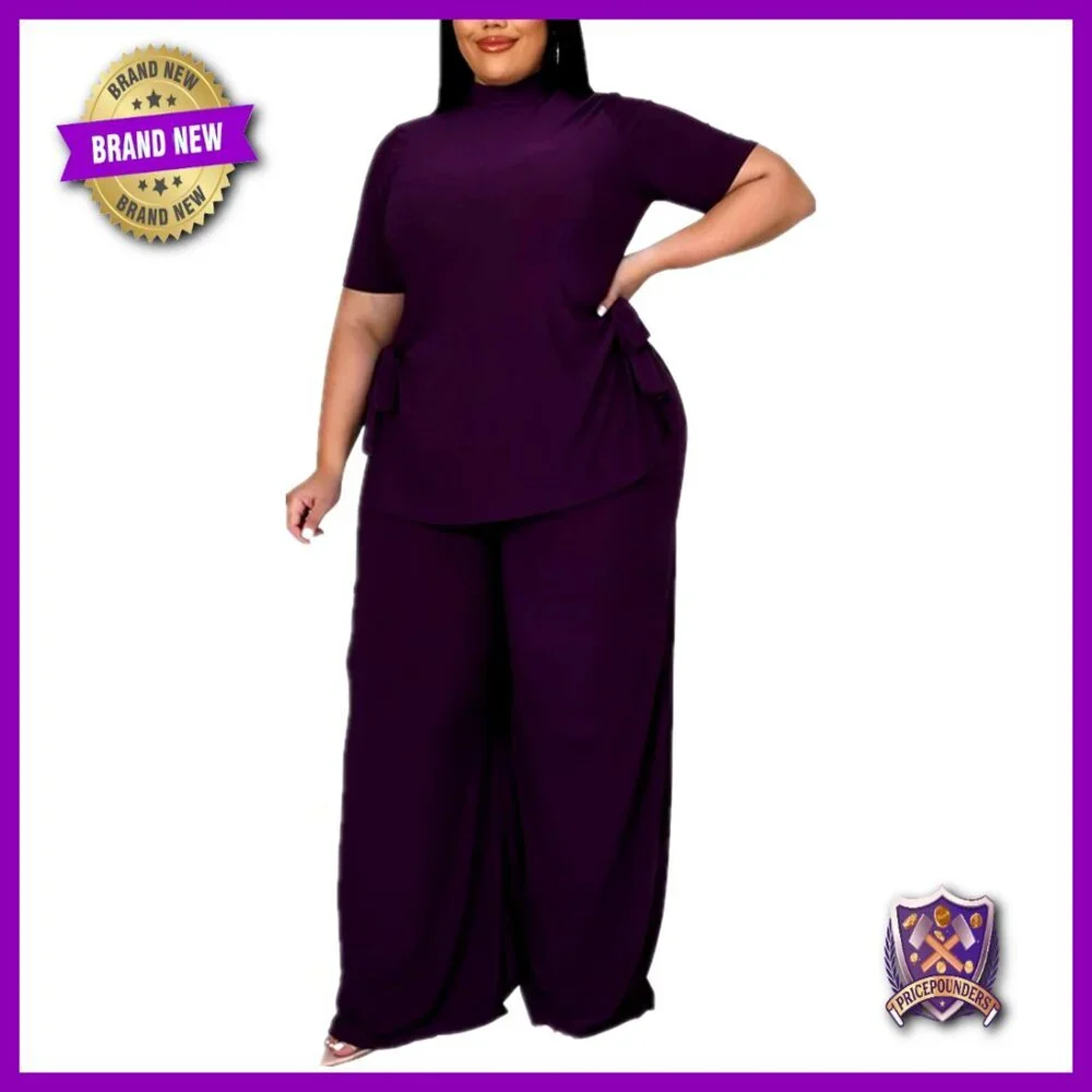 Plus Size Wide Leg Pant Set Short Sleeve Split Shirt Active Sweatsuit